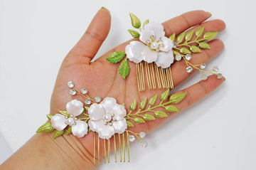 Swarovski Crystals, Pearls, Rhinestones Pink Flower With Green Leaves Bridal Hair piece, Bridal Hair Accessories, Wedding Hair Accessory.